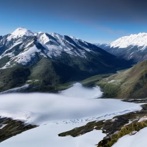 

The image shows a panoramic view of a breathtaking mountain range, with snow-capped peaks, lush green valleys, and crystal clear streams winding through the landscape.