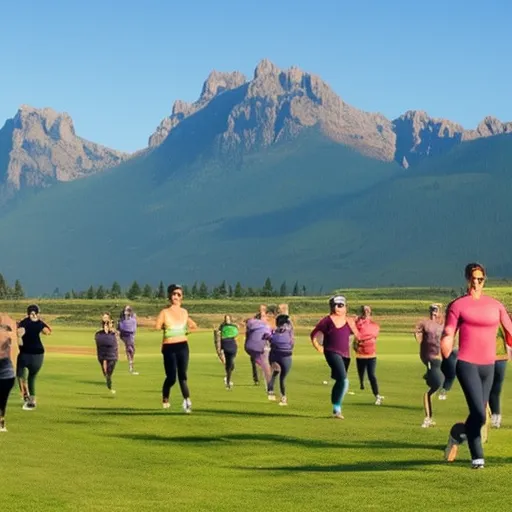 

The image shows a group of people practicing yoga on a grassy field with mountains in the background, while other individuals are running, walking and cycling on a paved path.