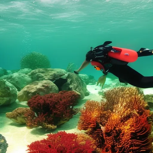 

The image shows a person with a snorkeling mask and fins, swimming in turquoise water with colorful fish and coral visible below.