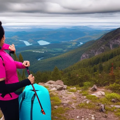 

The image showcases a woman wearing hiking gear and holding trekking poles standing on top of a mountain with a scenic view of surrounding landscapes.