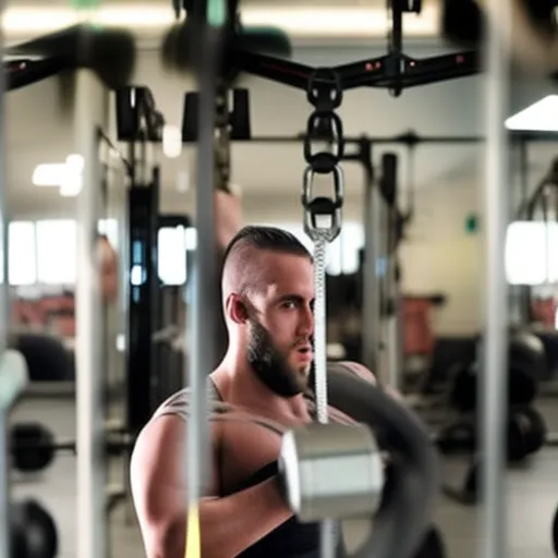 

The image shows a person lifting weights at a gym with focused expression on their face, surrounded by gym equipment and mirrors.