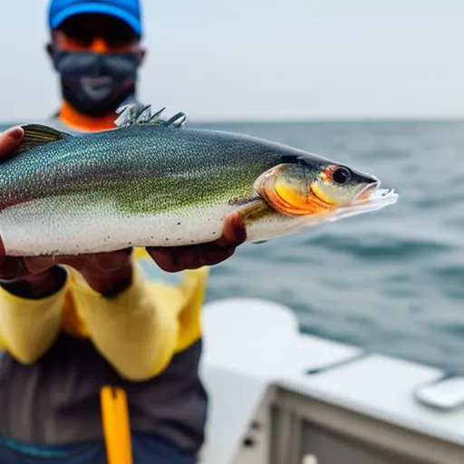 

"An image of a fisherman holding a realistic-looking lure, designed specifically for catching sea bass in 2023.