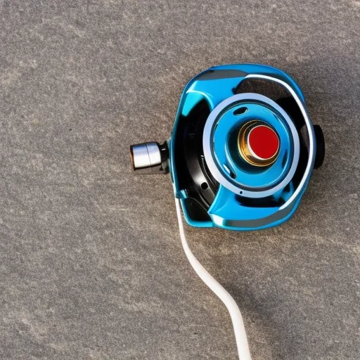 

The image shows a close-up of a fishing reel, with a fishing line tightly wound around it, against the backdrop of a calm sea.